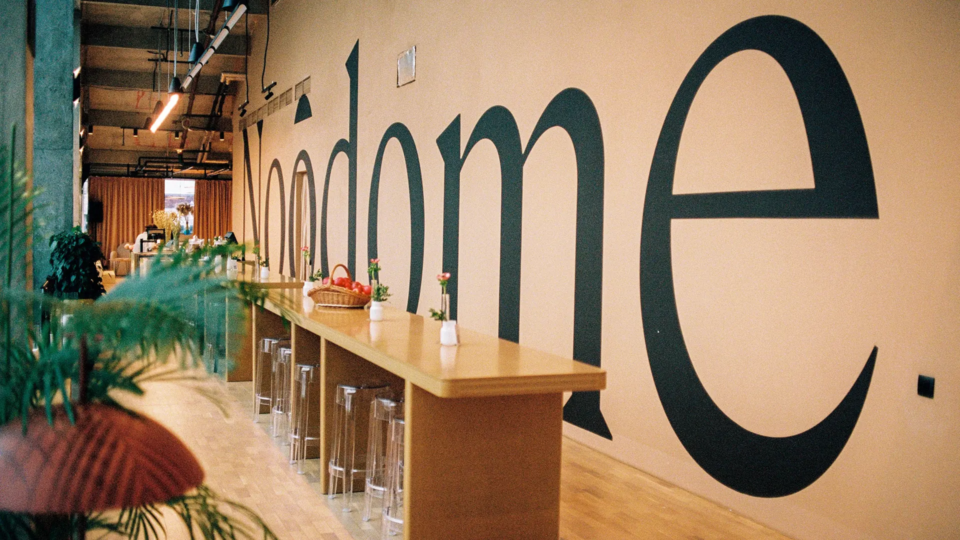 Bar counter under the large Noôdome lettering on the wall